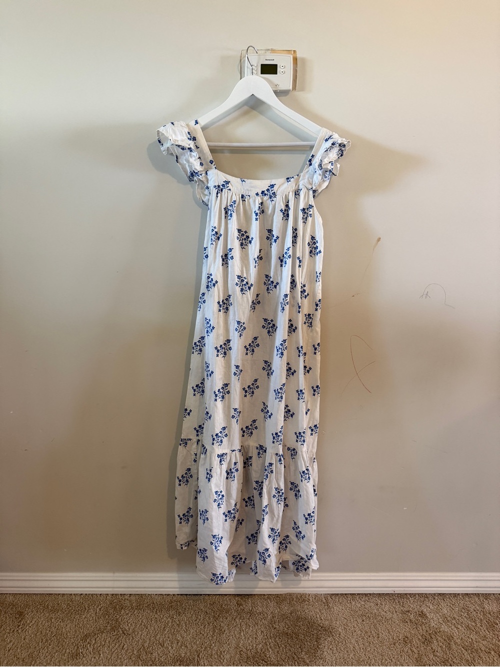 H&M linen/cotton White and Blue Floral Ruffle Shoulder Dress